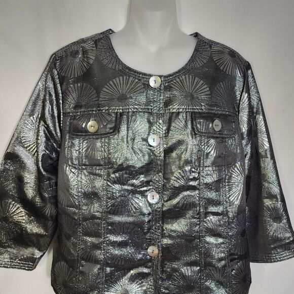 Ruby Rd. Womens Jacket Size 14 Gray Silver Metallic Button 3/4 Sleeve Blazer - Picture 3 of 10